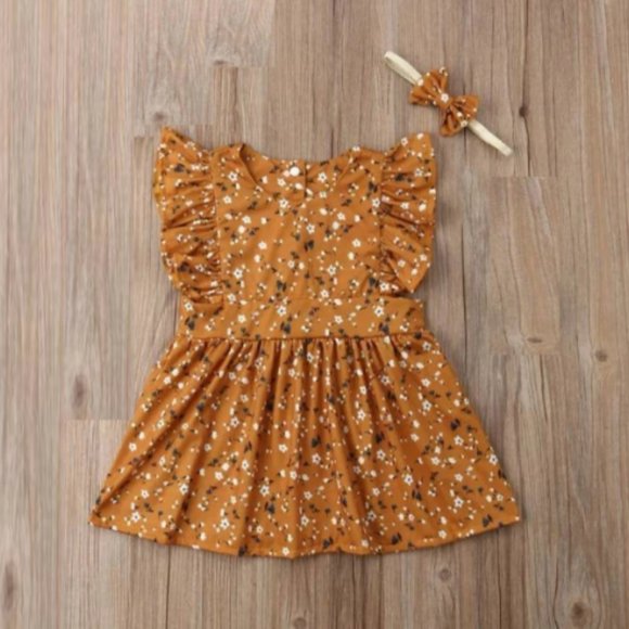 Mustard Dress Fall Thanksgiving Dress Floral Spring Easter Girl Outfit Clothes - Picture 1 of 4